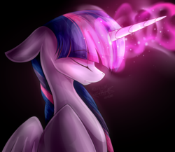 Size: 2476x2153 | Tagged: safe, artist:oceandream0, twilight sparkle, alicorn, pony, g4, black background, eyes closed, female, glowing horn, high res, horn, mare, simple background, solo, twilight sparkle (alicorn)