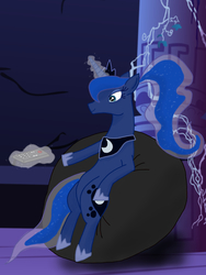 Size: 1800x2400 | Tagged: safe, artist:huskydee, princess luna, pony, g4, beanbag chair, female, levitation, magic, mare, remote, solo, telekinesis