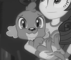 Size: 495x413 | Tagged: safe, screencap, rarity, spike, spike the regular dog, dog, equestria girls, equestria girls series, g4, rarity investigates: the case of the bedazzled boot, detective rarity, female, grayscale, looking at you, male, monochrome, paws, puppy, rarity investigates (eqg): trixie, straight