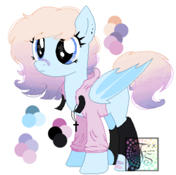 Size: 367x364 | Tagged: safe, alternate version, artist:space--paws0w0, oc, oc only, oc:pastel activity, bat pony, pony, bandaid, bat pony oc, clothes, cross, ear piercing, earring, female, hoodie, jewelry, mare, necklace, obtrusive watermark, piercing, reference sheet, simple background, socks, solo, transparent background, watermark