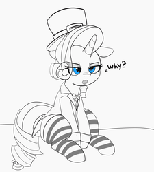 Size: 1280x1425 | Tagged: safe, artist:pabbley, rarity, pony, unicorn, g4, clothes, cuffs (clothes), female, hat, mare, monochrome, partial color, simple background, socks, solo, striped socks, top hat, unamused