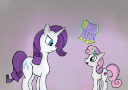 Size: 4960x3508 | Tagged: safe, artist:akuneanekokuro, rarity, sweetie belle, g4, blue eyes, clothes, cutie mark, digital art, disappointed, eyes open, female, filly, green eyes, magic, mare, purple mane, simple background, sisters, smiling, white coat