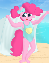 Size: 2550x3300 | Tagged: safe, artist:skyflys, pinkie pie, earth pony, anthro, g4, barefoot, bow, clothes, cute, feet, female, filly, filly pinkie pie, happy, high res, swimsuit, towel, younger