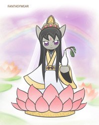 Size: 860x1080 | Tagged: safe, artist:howxu, octavia melody, earth pony, semi-anthro, g4, art meme, buddhism, clothes, cosplay, costume, cropped, dress, female, flower, guanyin, lotus (flower), mare, solo, wardrobe meme
