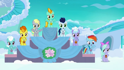 Size: 1280x720 | Tagged: safe, screencap, cloudchaser, derpy hooves, fleetfoot, flitter, lightning dust, rainbow dash, soarin', spitfire, pegasus, pony, g4, parental glideance, blue coat, cloud, cloudsdale, colt, female, filly, filly fleetfoot, flower, foal, male, medal, tail, white mane, white tail, younger