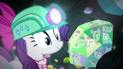 Size: 1280x720 | Tagged: safe, screencap, rarity, pony, g4, the end in friend, female, gem, gem cave, helmet, mare, mining helmet, reflection, smiling, solo