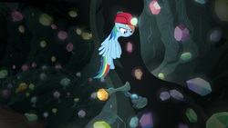Size: 1280x720 | Tagged: safe, screencap, rainbow dash, pegasus, pony, g4, the end in friend, angry, cave, female, gem, gem cave, helmet, jumping, mare, mining helmet, solo