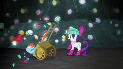 Size: 1280x720 | Tagged: safe, screencap, rainbow dash, rarity, pony, g4, the end in friend, boomerang (tv channel), boots, cart, clothes, duo, female, gem, gem cave, glitter boots, hat, helmet, mare, mining helmet, open mouth, raised hoof, shoes, wagon