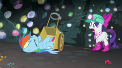 Size: 1280x720 | Tagged: safe, screencap, rainbow dash, rarity, pegasus, pony, unicorn, g4, the end in friend, boots, cart, clothes, duo, eyes closed, female, gem, gem cave, glitter boots, helmet, mare, mining helmet, neckerchief, on back, open mouth, rainbow crash, shoes