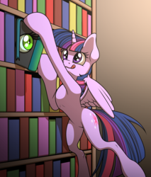 Size: 1700x2000 | Tagged: safe, artist:ohemo, queen chrysalis, twilight sparkle, alicorn, changeling, pony, g4, atg 2018, book, bookshelf, disguise, disguised changeling, fake book cover, female, gradient background, inanimate tf, mare, newbie artist training grounds, smiling, that pony sure does love books, transformation, twilight sparkle (alicorn)
