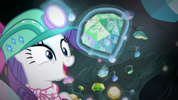 Size: 1920x1080 | Tagged: safe, screencap, rarity, pony, the end in friend, cave, female, gem, gem cave, helmet, magic, mare, mining helmet, reflection, smiling, solo, telekinesis
