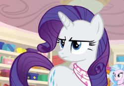Size: 703x486 | Tagged: safe, screencap, rarity, pony, unicorn, g4, season 8, the end in friend, animated, drool, eyeroll, female, floppy ears, gif, horses doing horse things, immature, majestic as fuck, mare, neckerchief, raspberry, raspberry noise, solo, tongue out