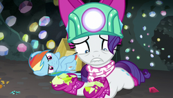 Size: 1280x720 | Tagged: safe, screencap, rainbow dash, rarity, pony, g4, the end in friend, bandana, boomerang (tv channel), boots, clothes, distraught, duo, female, gem, gem cave, glitter boots, helmet, mare, mining helmet, shards, shoes, wagon