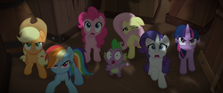 Size: 1920x808 | Tagged: safe, screencap, applejack, fluttershy, pinkie pie, rainbow dash, rarity, spike, twilight sparkle, alicorn, dragon, earth pony, pegasus, pony, unicorn, g4, my little pony: the movie, angry, floppy ears, mane seven, mane six, scared, twilight sparkle (alicorn)