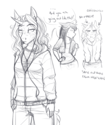 Size: 2550x3033 | Tagged: safe, artist:askbubblelee, oc, oc only, oc:bubble lee, oc:daniel dasher, pegasus, unicorn, anthro, alternate universe, anthro oc, clothes, dialogue, female, freckles, high res, hoodie, male, mare, monochrome, simple background, sketch, stallion, white background, willowverse