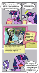 Size: 2686x4964 | Tagged: safe, artist:helsaabi, discord, rarity, star swirl the bearded, twilight sparkle, alicorn, pony, unicorn, friendship university, g4, comic, dialogue, female, letter, male, mare, picture, simple background, stallion, text, twilight sparkle (alicorn)