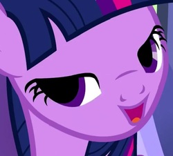 Size: 530x480 | Tagged: safe, screencap, twilight sparkle, pony, g4, cropped, episode needed, faic, female, lidded eyes, looking at you, open mouth, smiling, solo