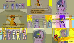 Size: 3648x2112 | Tagged: safe, artist:mellowbomb, applejack, fluttershy, pinkie pie, rainbow dash, rarity, twilight sparkle, oc, oc:running blade, comic:calamity fateful, g4, 1000 hours in ms paint, dialogue, high res, mane six