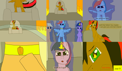 Size: 3648x2112 | Tagged: safe, artist:mellowbomb, applejack, rainbow dash, twilight sparkle, oc, oc:running blade, comic:calamity fateful, g4, 1000 hours in ms paint, dialogue, high res