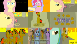 Size: 3648x2112 | Tagged: safe, artist:mellowbomb, applejack, fluttershy, pinkie pie, rainbow dash, rarity, twilight sparkle, oc, oc:running blade, comic:calamity fateful, g4, 1000 hours in ms paint, dialogue, high res, mane six