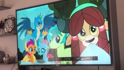 Size: 1280x720 | Tagged: safe, screencap, gallus, ocellus, sandbar, smolder, yona, changeling, dragon, earth pony, griffon, pony, yak, g4, school daze, closed captioning, implied silverstream, irl, looking at you, photo, picture of a screen, stairs, television, that hippogriff sure does love stairs