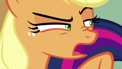 Size: 1280x720 | Tagged: safe, screencap, applejack, earth pony, pony, g4, the washouts (episode), close-up, female, mare, open mouth, solo focus