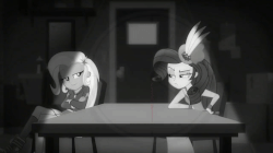 Size: 720x404 | Tagged: safe, screencap, rarity, trixie, equestria girls, g4, my little pony equestria girls: better together, rarity investigates: the case of the bedazzled boot, rarity investigates: the case of the bedazzled boot: trixie, animated, animated screencap, black and white, clock, clothes, detective rarity, dress, duo, duo female, female, gif, grayscale, long dress, long skirt, monochrome, noir, sitting, skirt, table, time-lapse