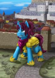Size: 2894x4093 | Tagged: safe, artist:mik3thestrange, oc, oc only, oc:altus bastion, pony, unicorn, angry, armor, city, clothes, female, giant pony, giantess, guardsmare, macro, mare, offscreen character, protecting, royal guard, scarf, solo
