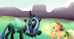 Size: 2800x1500 | Tagged: safe, artist:huffy26, mean applejack, queen chrysalis, changeling, changeling queen, earth pony, pony, g4, the mean 6, clone, duo, duo female, female