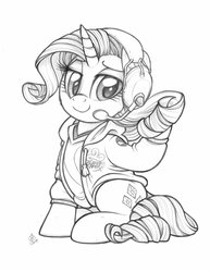 Size: 1583x2048 | Tagged: safe, artist:whitediamonds, rarity, pony, unicorn, g4, clothes, female, headphones, headset, league of legends, mare, solo, sweater, traditional art
