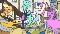 Size: 700x400 | Tagged: safe, artist:lentoto, applejack, berry punch, berryshine, bon bon, lyra heartstrings, sweetie drops, earth pony, pony, unicorn, g4, bowtie, cello, clothes, dancing, dress, eyes closed, female, mare, musical instrument, tuxedo