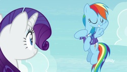 Size: 1920x1080 | Tagged: safe, screencap, rainbow dash, rarity, pony, g4, the end in friend, clothes, shirt