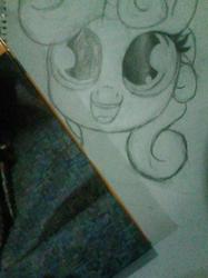 Size: 374x499 | Tagged: safe, derpibooru exclusive, sweetie belle, pony, unicorn, g4, drawing, female, filly, irl, open mouth, photo, solo, traditional art