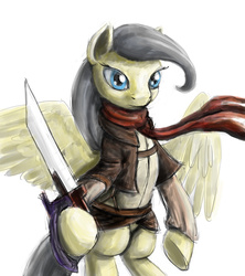 Size: 1500x1688 | Tagged: safe, artist:dahtamnay, oc, oc only, pegasus, pony, attack on titan, clothes, female, mare, mikasa ackerman, scarf, simple background, solo, sword, traditional art, weapon, white background