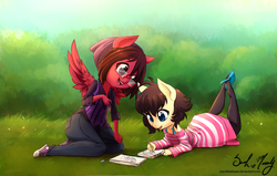 Size: 900x571 | Tagged: safe, artist:starshinebeast, oc, oc only, oc:raidiant, pegasus, anthro, clothes, converse, duo, duo female, female, filly, glasses, grass, pencil, shoes, signature, sketchbook, smiling