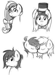 Size: 1500x2000 | Tagged: safe, artist:daromius, oc, oc only, oc:alice, oc:bowtie, oc:cipher wave, oc:lost thunder, pony, bust, female, hat, kissing, male, mare, monochrome, portrait, sketch, stallion, top hat