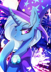Size: 1358x1920 | Tagged: safe, artist:rariedash, trixie, pony, unicorn, g4, clothes, female, fireworks, hat, mare, smiling, solo, trixie's hat