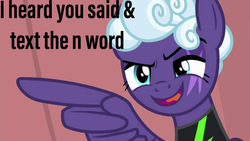 Size: 999x562 | Tagged: safe, edit, edited screencap, screencap, rolling thunder, pegasus, pony, the washouts (episode), eye scar, female, mare, pointing, racism, scar, text, washouts uniform, wing hands