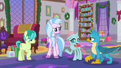 Size: 1280x720 | Tagged: safe, screencap, gallus, ocellus, sandbar, silverstream, changedling, changeling, classical hippogriff, griffon, hippogriff, pony, g4, the hearth's warming club, hearth's warming eve