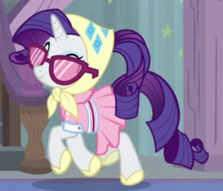 Size: 473x404 | Tagged: safe, screencap, rarity, pony, unicorn, g4, the end in friend, camping outfit, clothes, cropped, dress, eyes closed, female, mare, solo, sunglasses