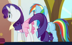 Size: 456x286 | Tagged: safe, screencap, rainbow dash, rarity, g4, the end in friend, butt, camping outfit, cropped, plot