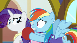Size: 1280x720 | Tagged: safe, screencap, rainbow dash, rarity, g4, the end in friend, ball, camping outfit