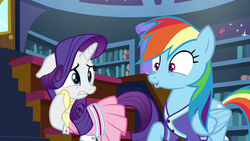 Size: 1280x720 | Tagged: safe, screencap, rainbow dash, rarity, g4, the end in friend, camping outfit, clothes, dress, faic