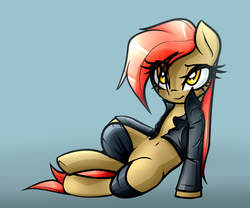 Size: 2016x1676 | Tagged: safe, alternate version, artist:jetwave, oc, oc only, oc:dala vault, pony, belly button, clothes, featureless crotch, jacket, leather jacket, midriff, solo, thigh bands