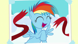 Size: 1280x720 | Tagged: safe, screencap, rainbow dash, pegasus, pony, g4, parental glideance, cheerful, cute, dashabetes, eyes closed, female, filly, filly rainbow dash, finish line, flying, foal, messy mane, multicolored mane, open mouth, photo, photo album, raised hoof, smiling, spread wings, winning, younger