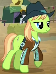 Size: 317x415 | Tagged: safe, screencap, lucky clover, yuma spurs, earth pony, pony, appleoosa's most wanted, g4, appleloosa resident, background pony, clothes, cropped, female, hat, jacket, mare, solo focus