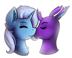 Size: 1226x989 | Tagged: safe, artist:deraniel, trixie, oc, oc:teräsirppi, changedling, changeling, pony, unicorn, g4, bust, changedling oc, changeling oc, duo, fluffy, kissing, requested art, simple background