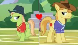 Size: 736x424 | Tagged: safe, edit, edited screencap, screencap, braeburn, yuma spurs, earth pony, pony, g4, the end in friend, apple family member, background pony, braespurs, crack shipping, female, lidded eyes, male, mare, shipping, shipping domino, stallion, straight