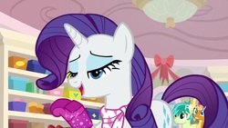 Size: 1920x1080 | Tagged: safe, screencap, rarity, sandbar, smolder, pony, g4, the end in friend, boots, glitter boots, lidded eyes, shoes, solo focus