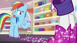 Size: 1920x1080 | Tagged: safe, screencap, rainbow dash, rarity, pegasus, pony, g4, the end in friend, boots, clothes, female, glitter, glitter boots, mare, raised hoof, shoes, solo focus